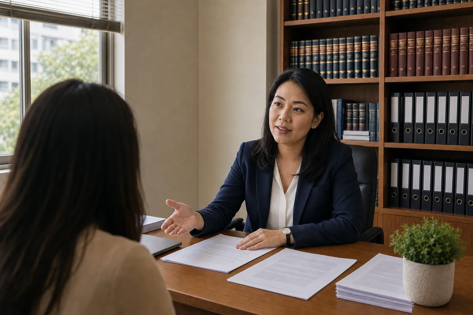 Attorney Nicha explaining a matter to a client across the desk