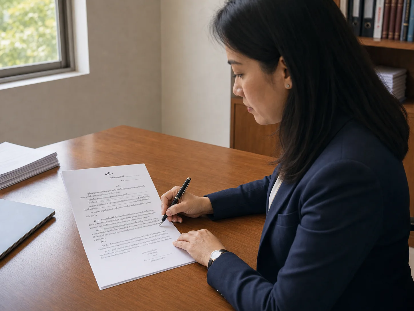 Attorney Nicha annotating a document with a pen