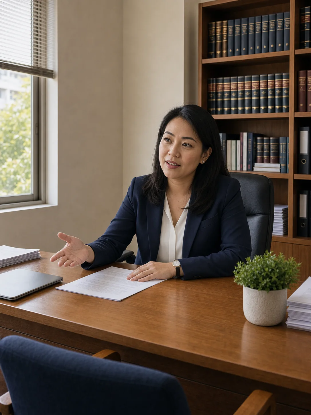 Attorney Nicha at her desk in calm natural light